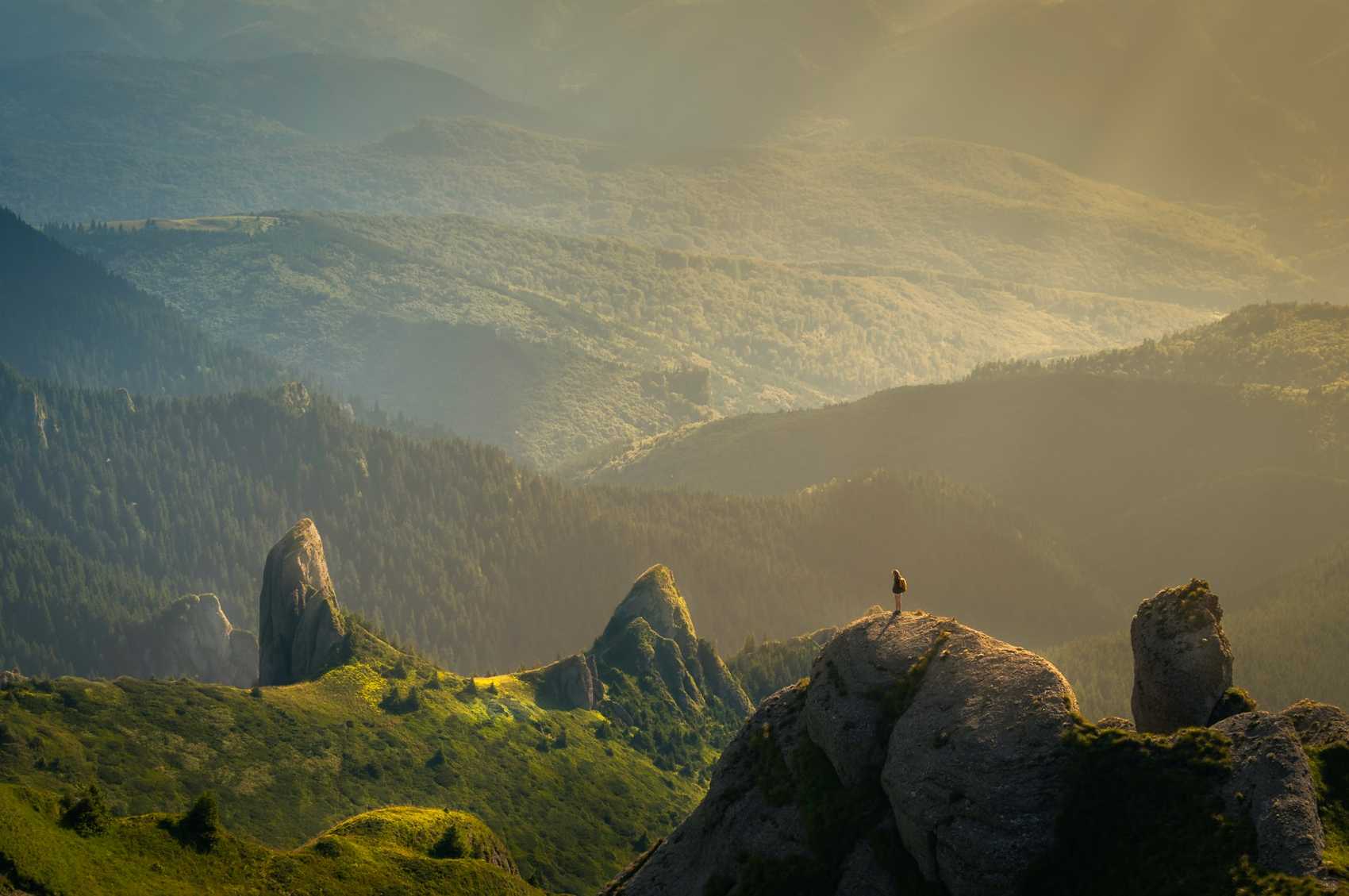 Arial view mountains with girl